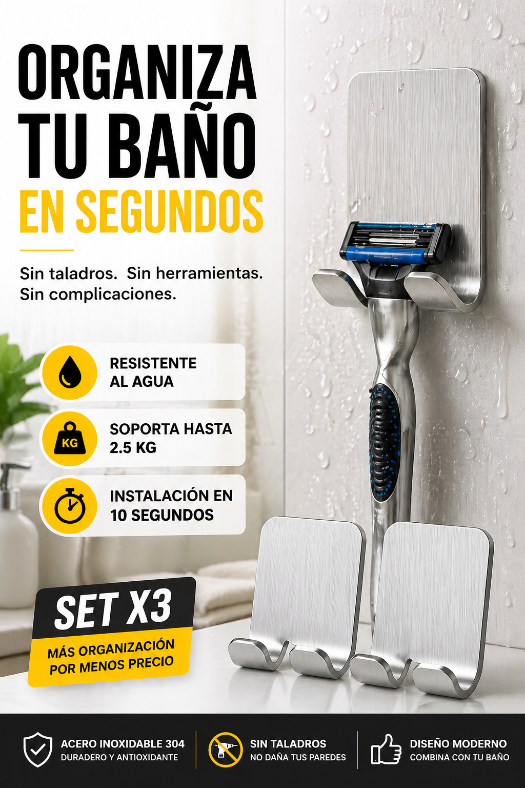 Organiza en segundos sin taladros ni complicaciones / Soportes Adhesivos Premium X3 /