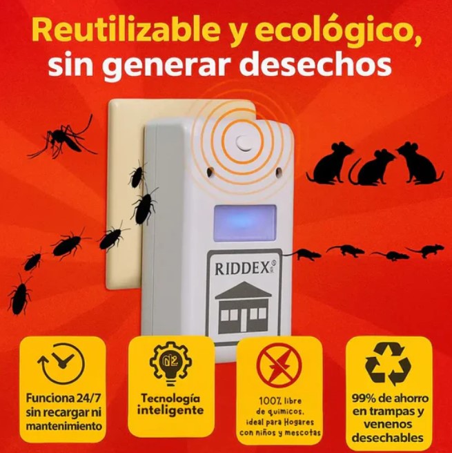 Riddex® Plus – Repelente Eléctrico Antiplagas Elimina plagas sin veneno ni químicos en tu hogar.
